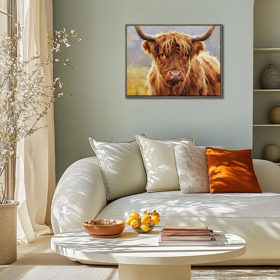 coffee frame wall art canvas depicts highland cattle