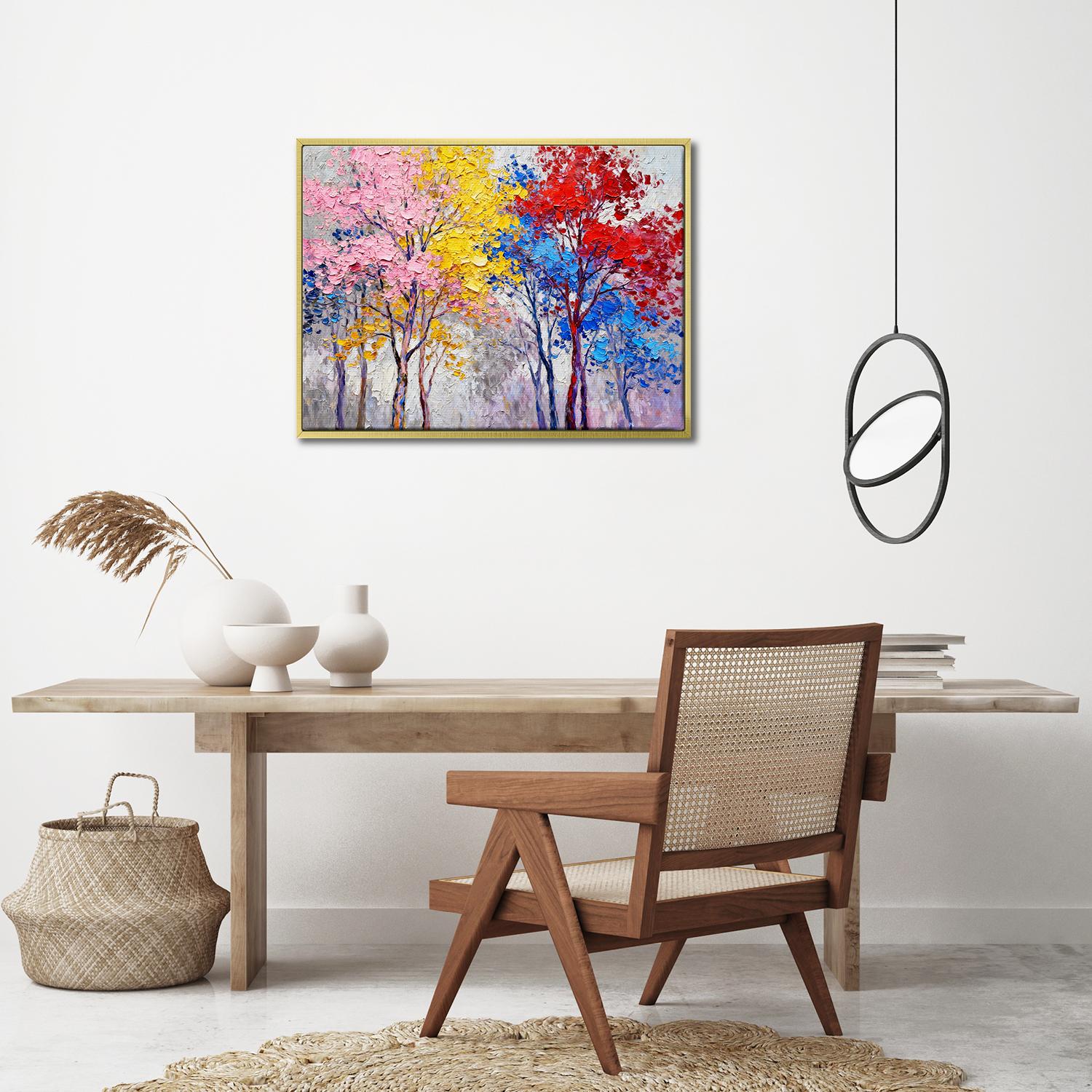 gold frame wall art painting depicting colorful forest