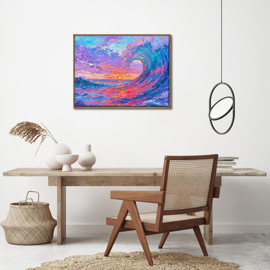light oak frame wall art painting above the table depicts the magnificent scene of colorful waves surging.