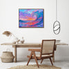 light oak frame wall art painting above the table depicts the magnificent scene of colorful waves surging.