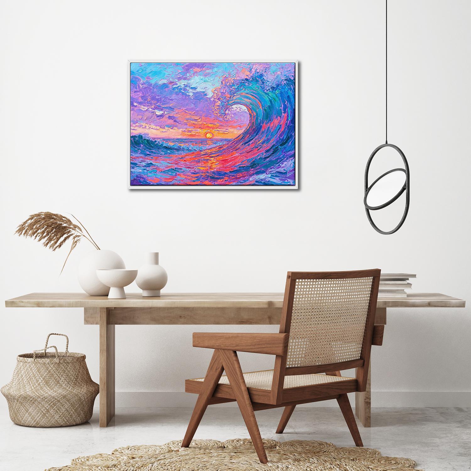 white frame wall art painting above the table depicts the magnificent scene of colorful waves surging.