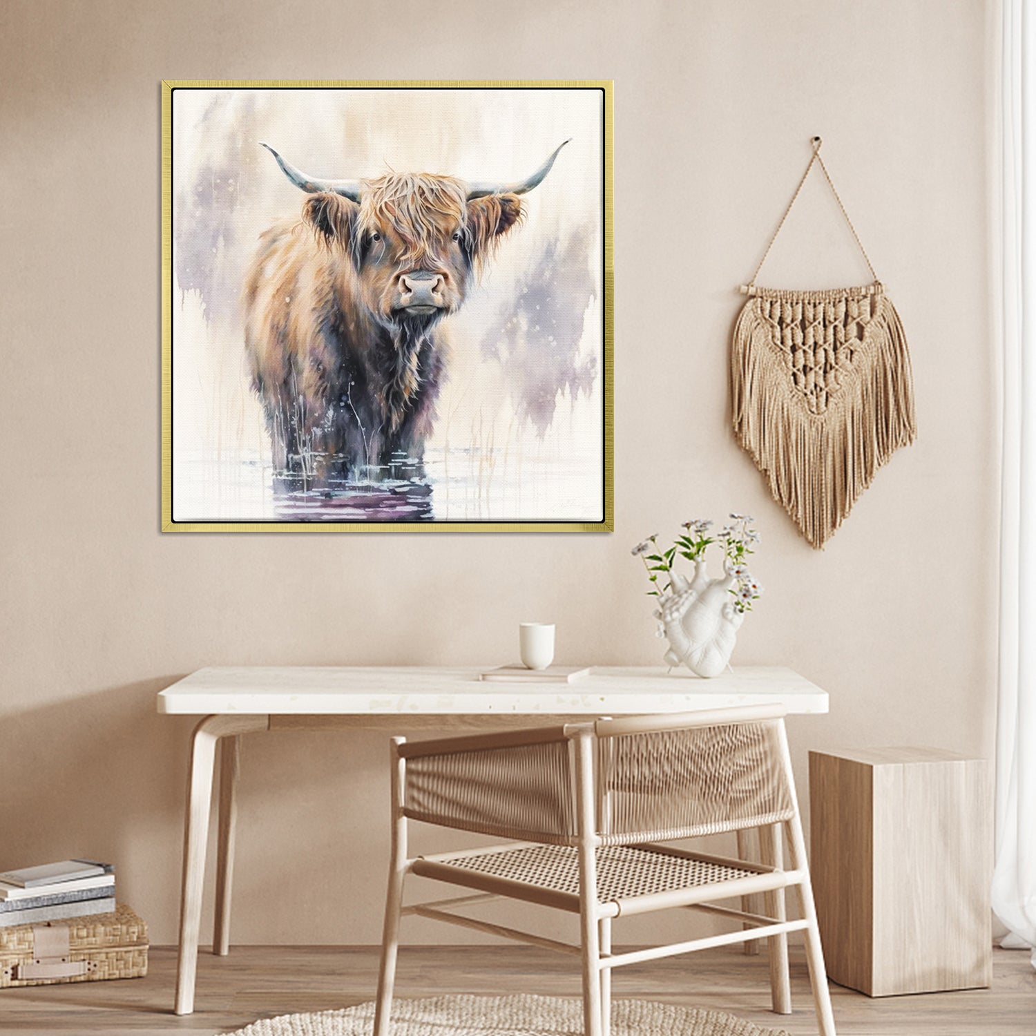 wall art gold frame canvas,a yak standing in water,living room decor