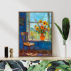 light oak color frame wall art painting shows flowers by the window and the beautiful scenery outside the window
