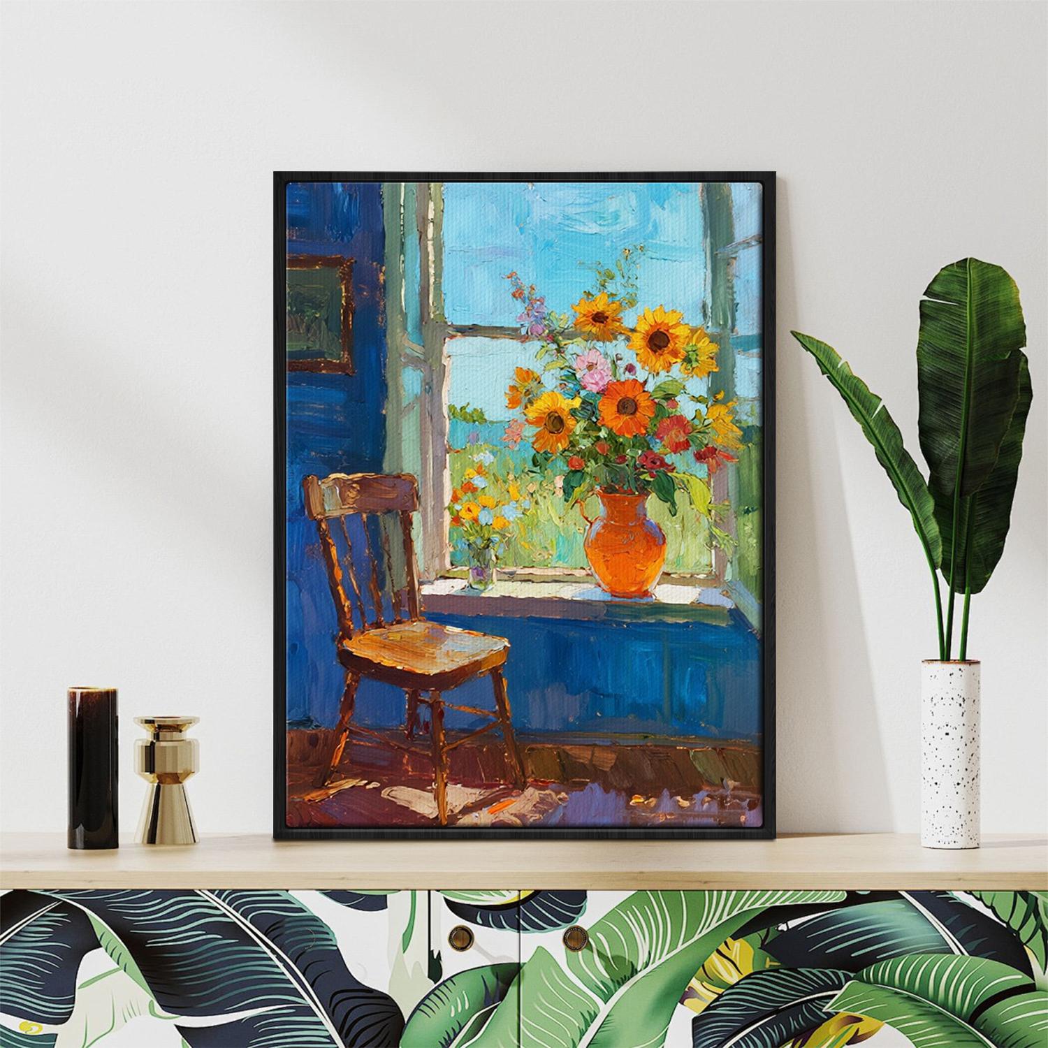 black frame wall art painting shows flowers by the window and the beautiful scenery outside the window