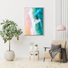 white frame wall art canvas depicts pink sand beach and white waves