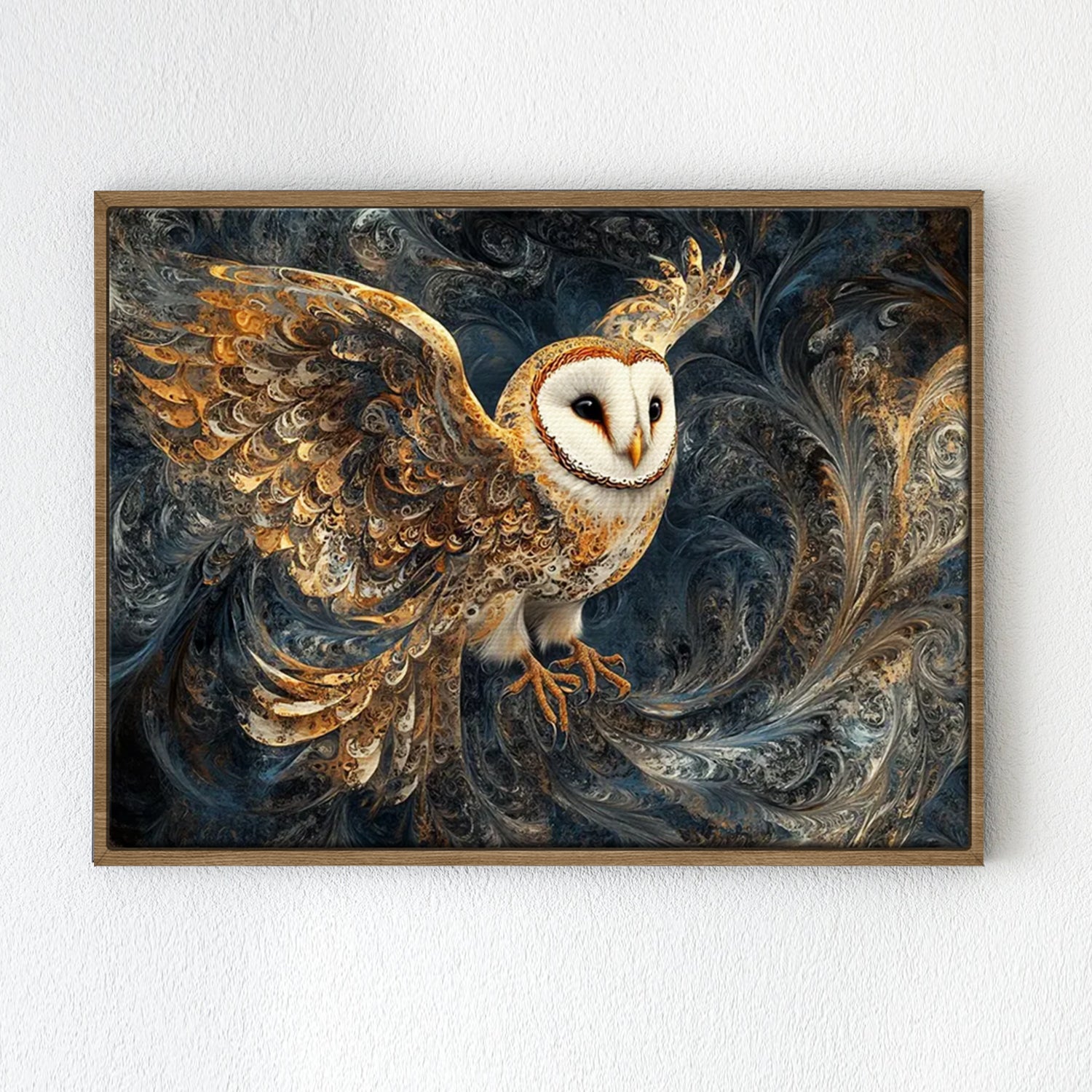 wall art print flying owl light oak frame