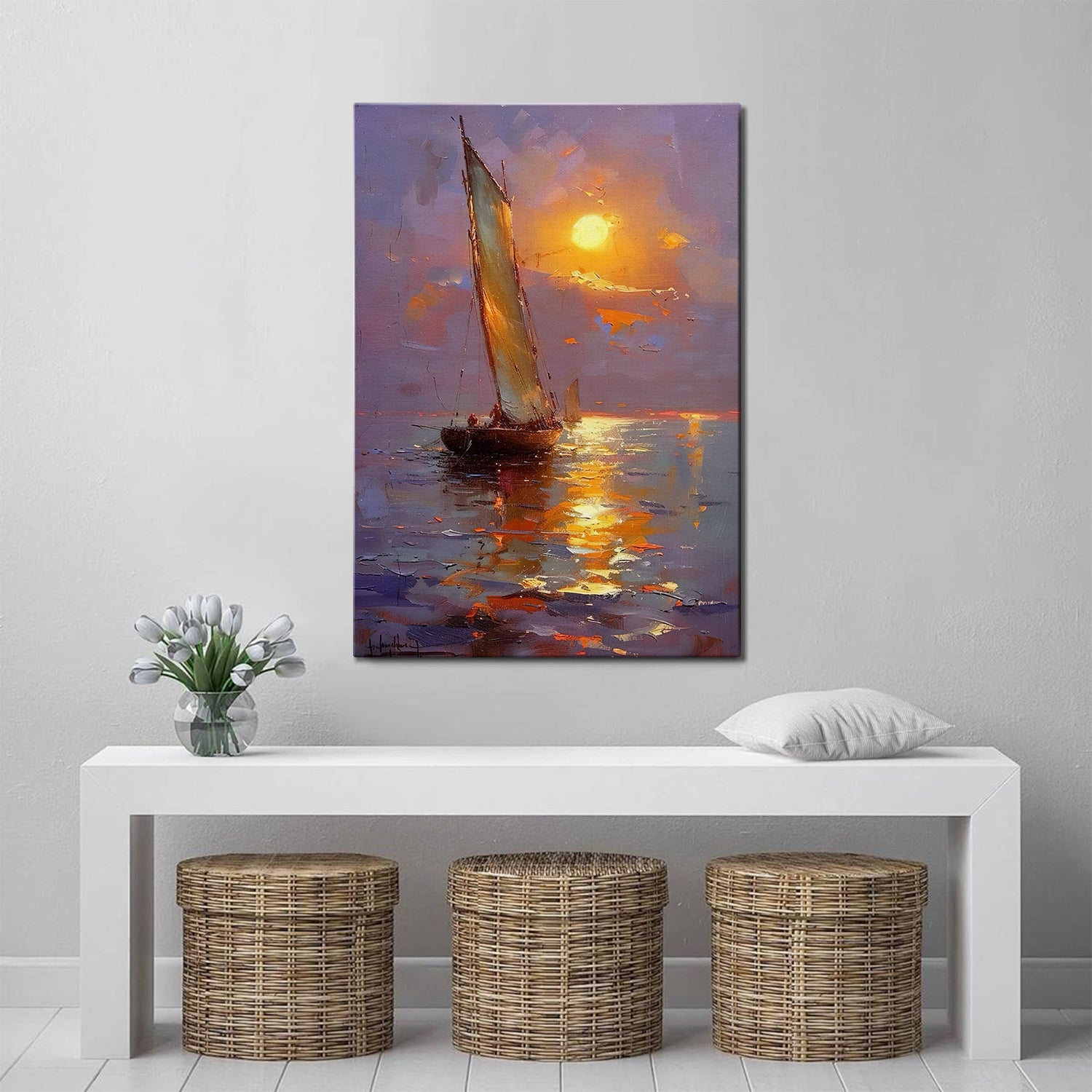 sea sailing boat wall art painting above the table