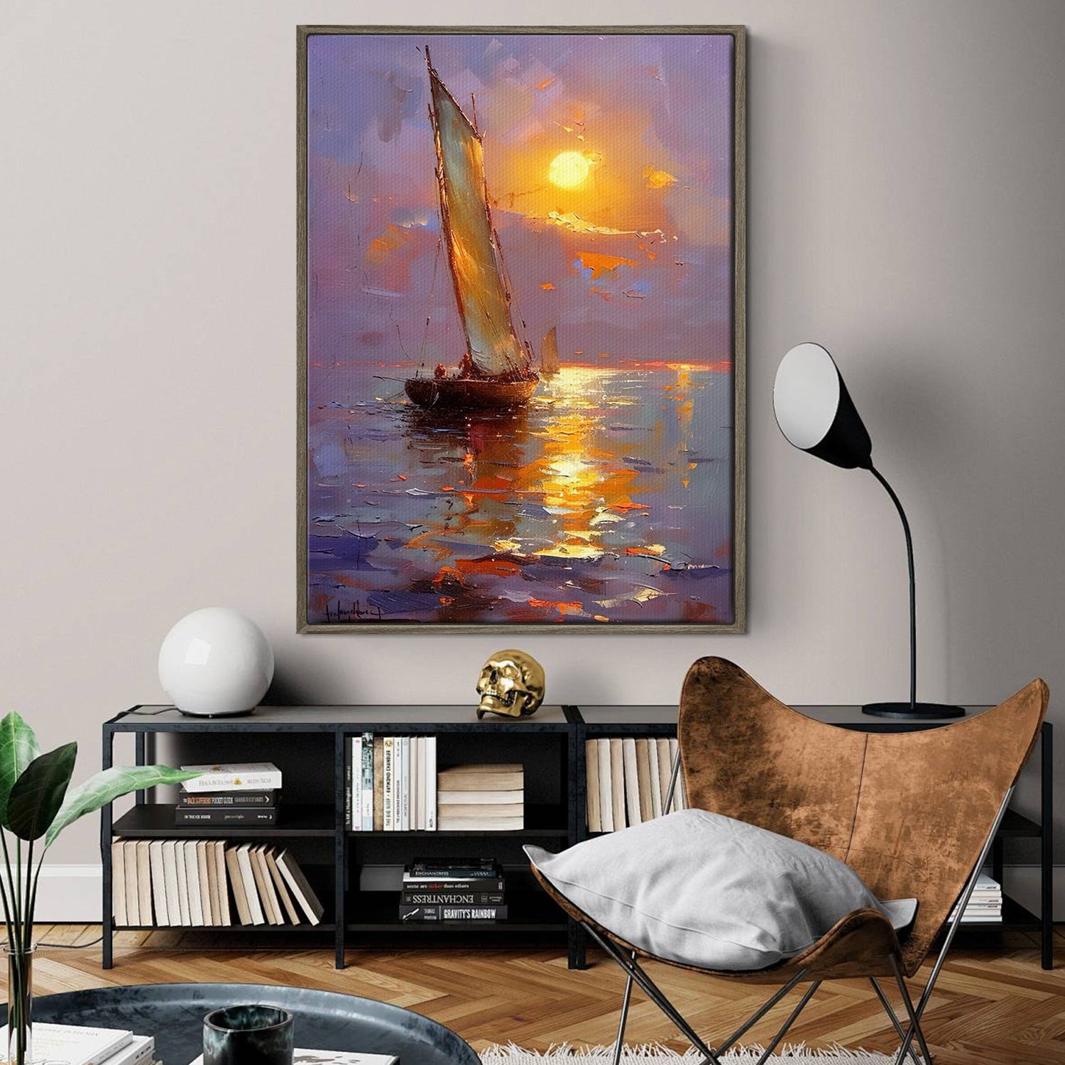 coffee frame sailboat on the sea at sunset canvas print,hanging in the living room