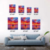 different size wall art painting depicts the beautiful scenery of a sailboat sailing on the sea dyed by the gorgeous sunset.