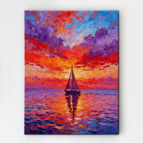 wall art painting depicts the beautiful scenery of a sailboat sailing on the sea dyed by the gorgeous sunset.