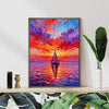 coffee frame wall art painting depicts the beautiful scenery of a sailboat sailing on the sea dyed by the gorgeous sunset.