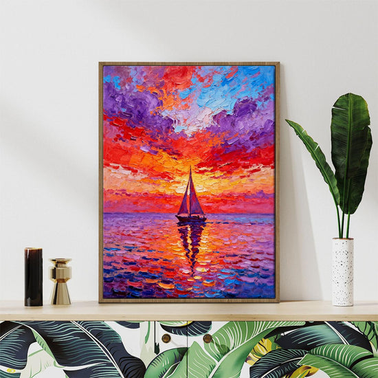 light oak clore frame wall art painting depicts the beautiful scenery of a sailboat sailing on the sea dyed by the gorgeous sunset.