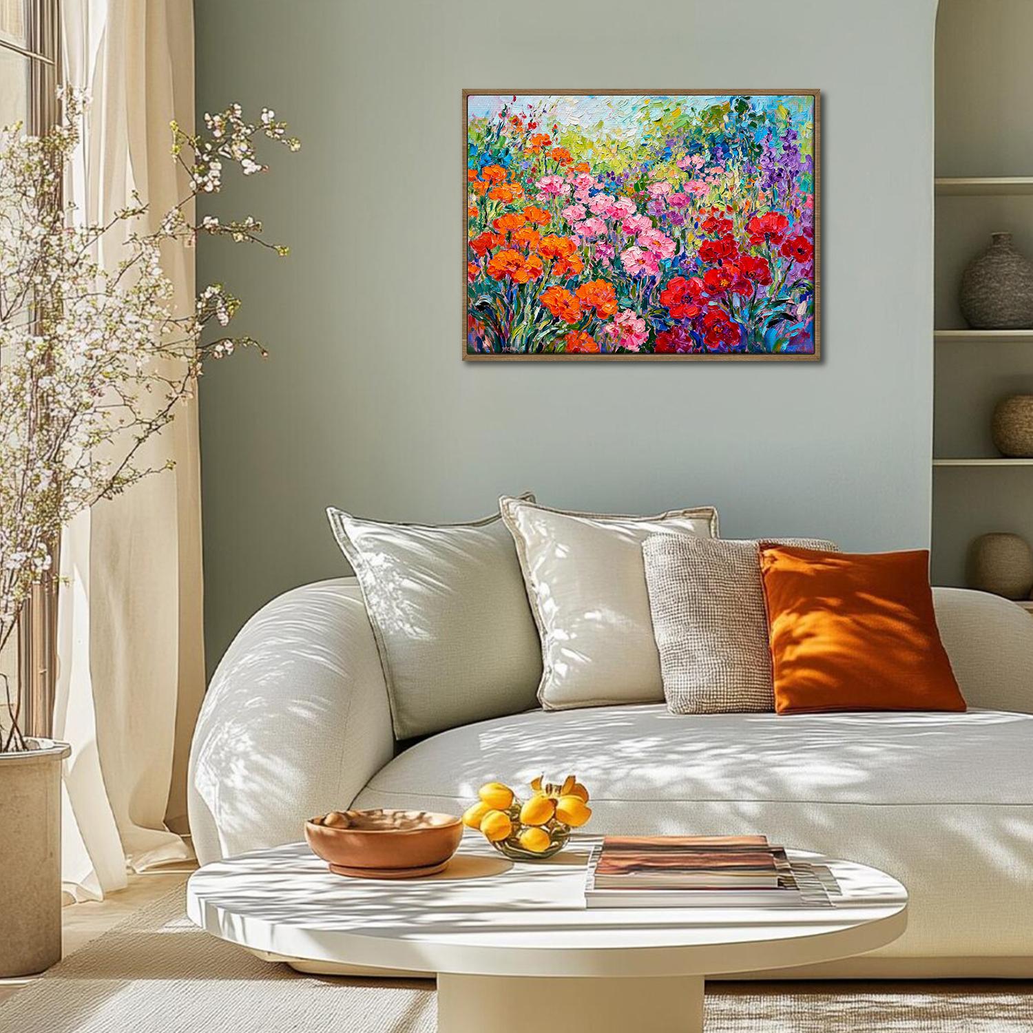 light oak color frame wall art canvas painting depicts a colorful sea of ​​flowers
