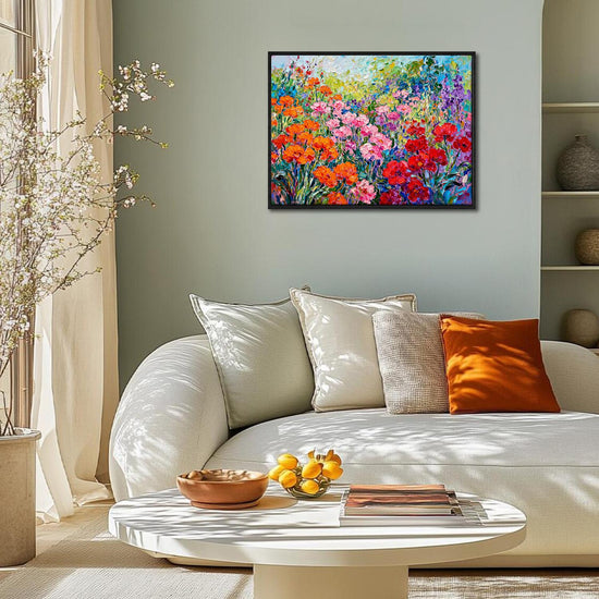 black frame wall art canvas painting depicts a colorful sea of ​​flowers